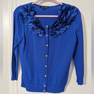 Women's Cable and Gauge Blue Ruffle Button Cardigan Sweater - Size Small